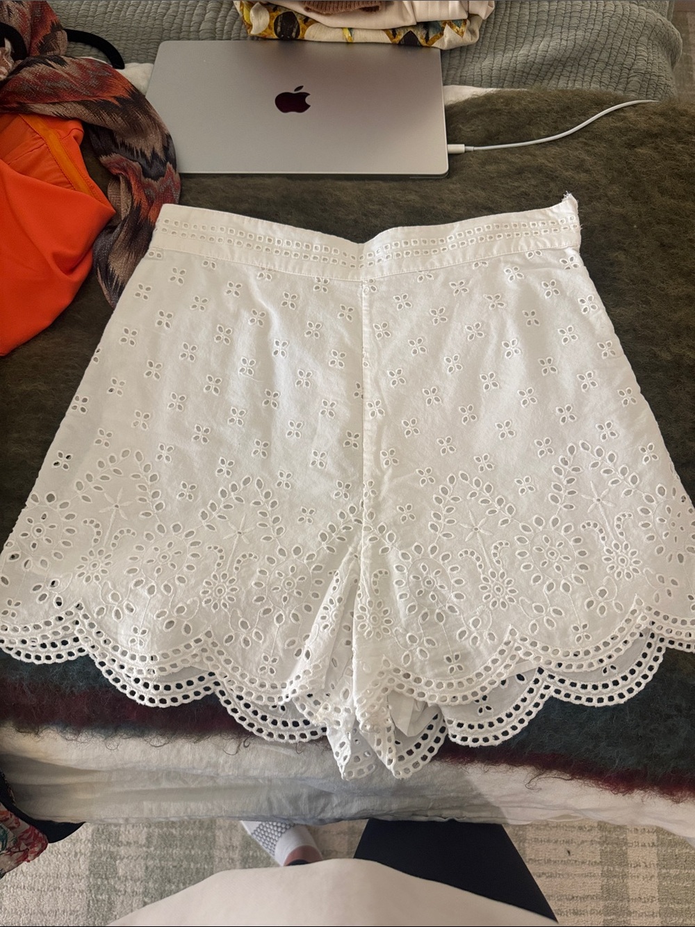 INTERMIX White Eyelet High-Waist Scalloped Shorts
